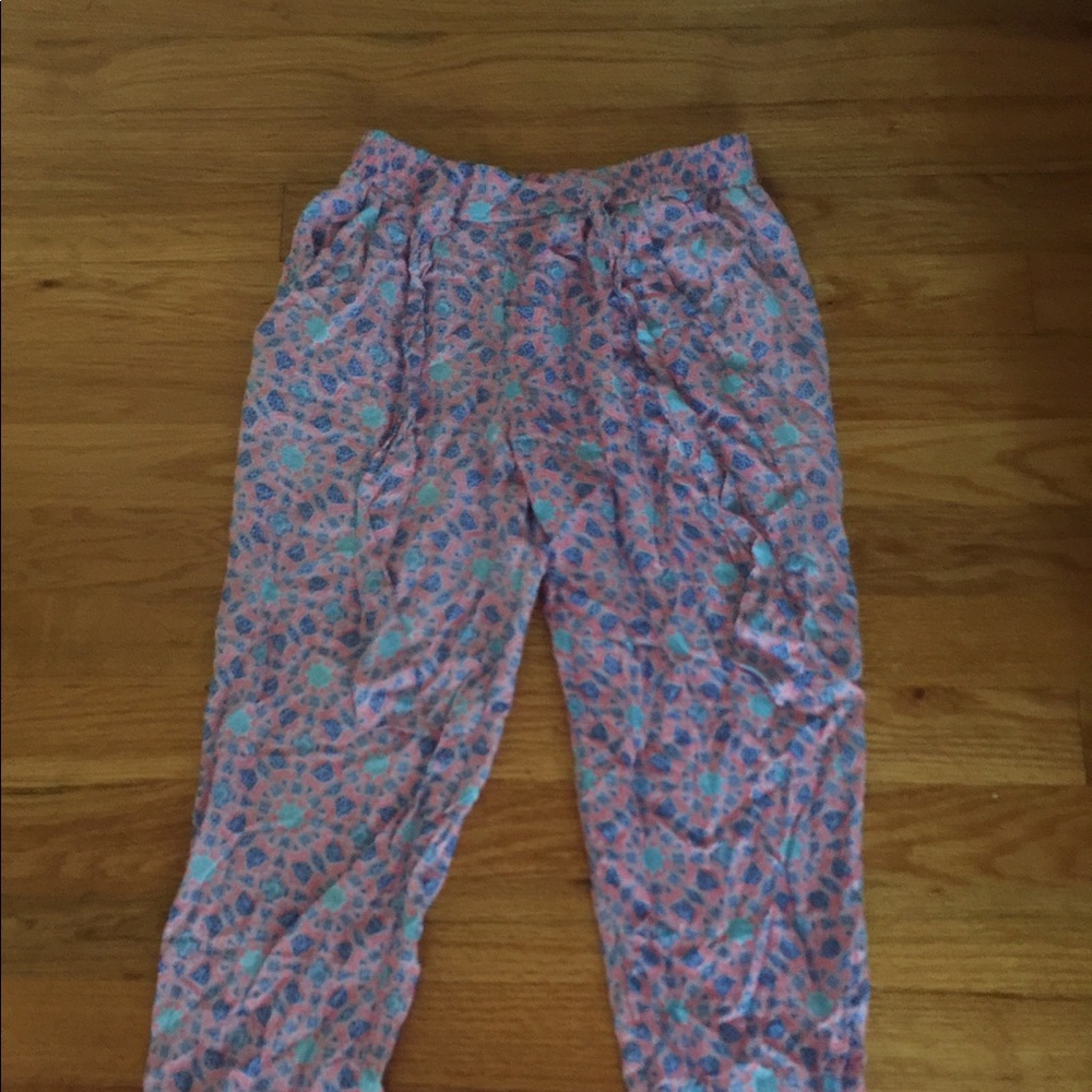 A thin, flowy patterned pair of pants.